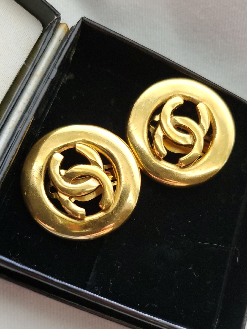 CHANEL Gold CC Button Earrings